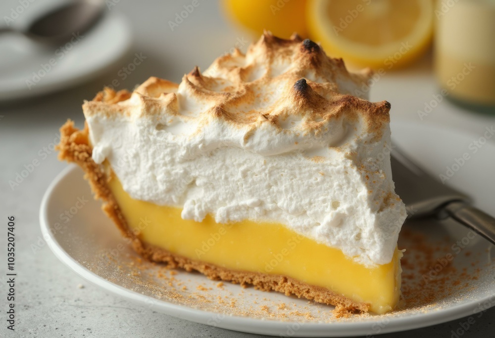 Lemon Meringue Pie Slice With Torched Meringue On A White Plate Lemon Meringue Pie Slice With Torched Meringue On A White Plate