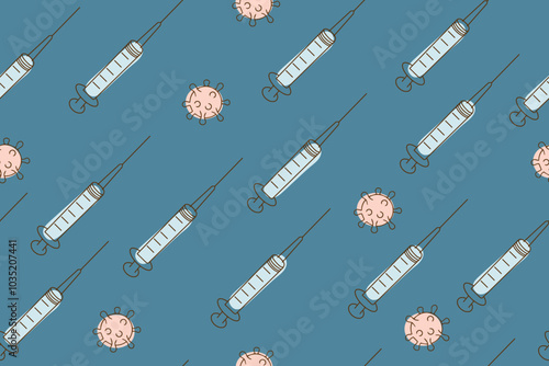 Seamless pattern with vaccine and syringe icon. Editable vector background related to diseases, flu, coronavirus, epidemic and quarantine. Vector