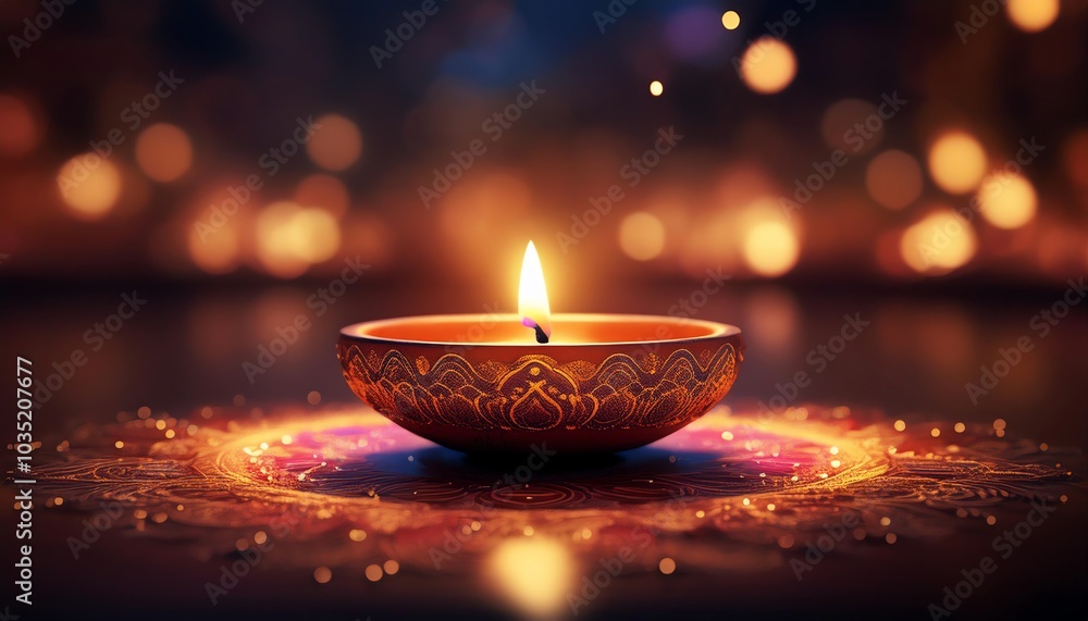 A beautifully crafted diya lit with a warm glow, surrounded by shimmering patterns and soft bokeh lights, evoking a sense of peace and celebration. A beautifully crafted diya lit with a warm glow, surrounded by shimmering patterns and soft bokeh lights, evoking a sense of peace and celebration.