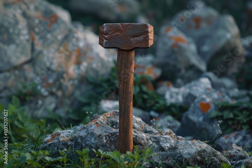 A weathered wooden sign sits atop a pile of rugged rocks, ideal for outdoor use such as park signs or trail markers