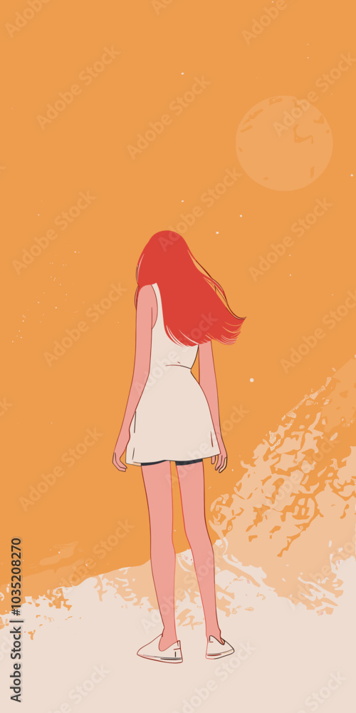 An illustration depicts a redheaded girl in a white dress standing gracefully, gazing into the distance with a thoughtful expression. An illustration depicts a redheaded girl in a white dress standing gracefully, gazing into the distance with a thoughtful expression.