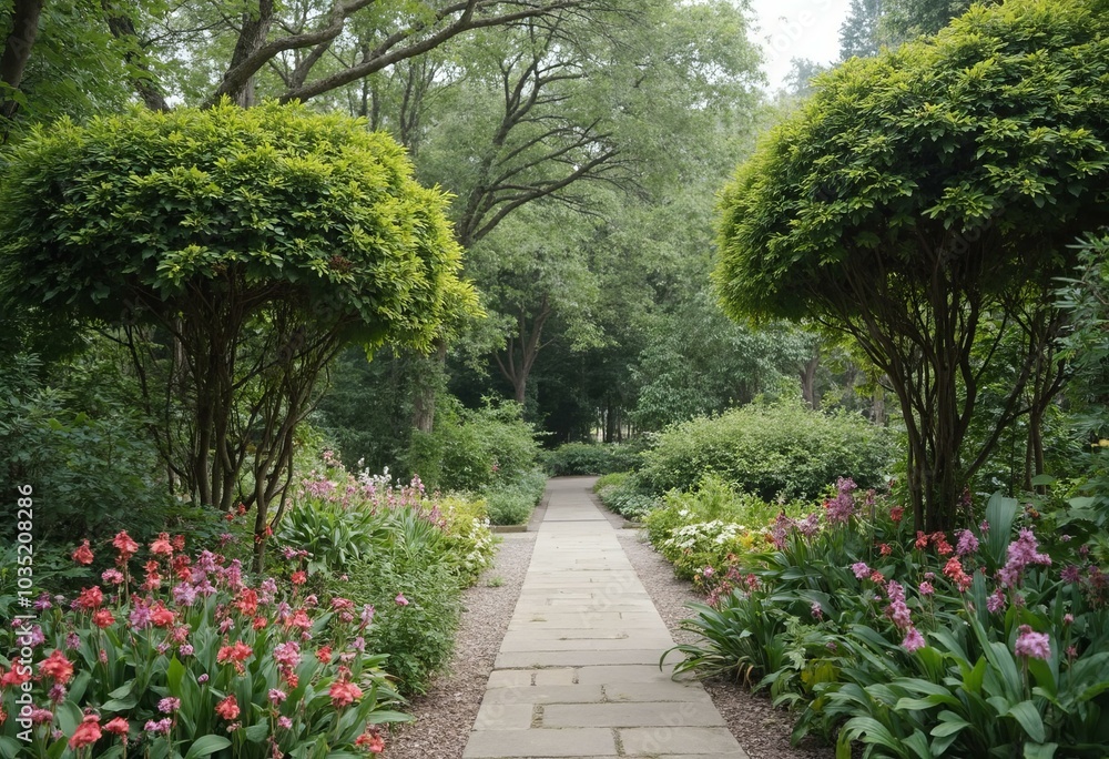 Garden Pathway Surrounded By Vibrant Flowers And Greenery In Serene Setting Garden Pathway Surrounded By Vibrant Flowers And Greenery In Serene Setting