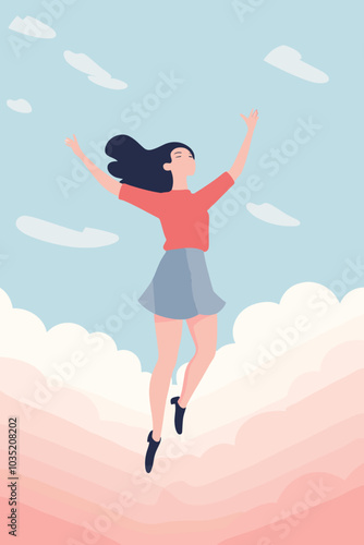 An illustration of a happy girl floating above the clouds, with a joyful expression, capturing a dreamy and carefree moment.