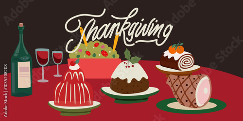 Happy thanksgiving day retro concept. Family celebrating Thanksgiving day and eating delicious food together. Delicious traditional holiday dishes on plates. Roast turkey, salad, cupcake, jelly, wine