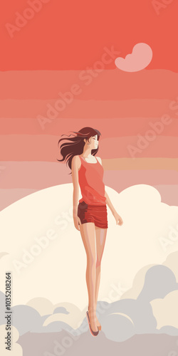 An illustration shows a happy girl with long brown hair floating above fluffy clouds, her eyes shut and a bright smile on her face, exuding a sense of joy and freedom.
