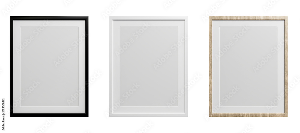 mock up of empty white, black, wood frame isolated on white background, 3d render mock up of empty white, black, wood frame isolated on white background, 3d render