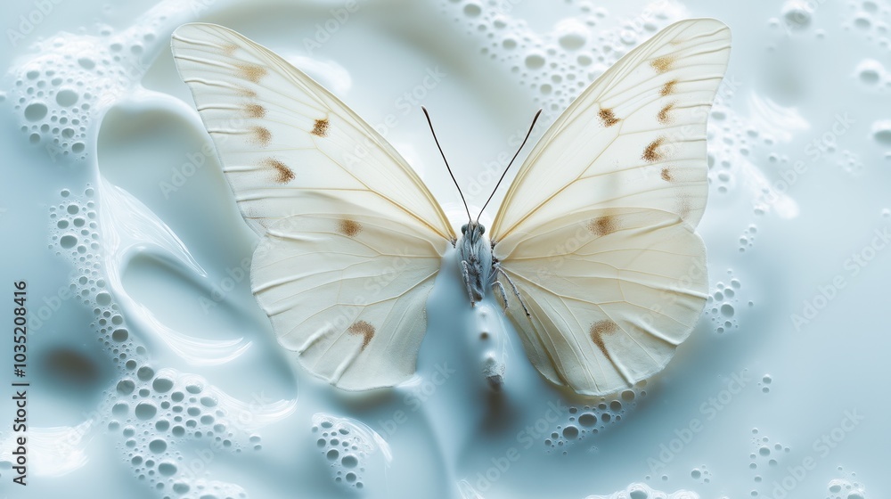 A stunning white butterfly hovers gently over a smooth surface of creamy liquid, creating a captivating contrast A stunning white butterfly hovers gently over a smooth surface of creamy liquid, creating a captivating contrast