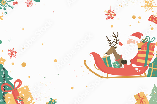 An illustration for a Christmas card depicts Santa and his reindeer falling asleep, framed with festive Christmas elements, leaving ample room for editing personal touches.