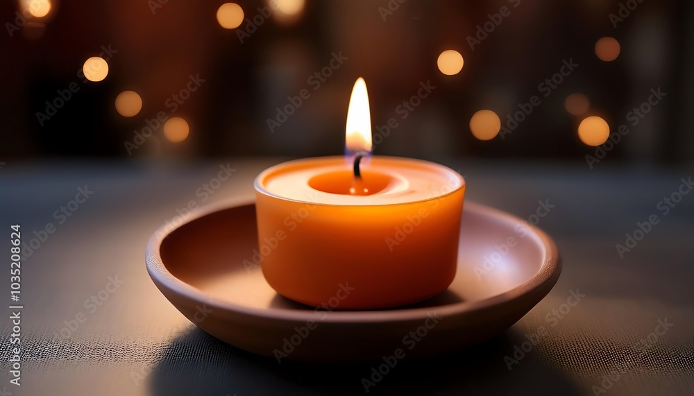 A glowing orange candle sits on a simple clay dish, surrounded by a softly blurred background filled with faint lights, creating a warm and serene atmosphere. A glowing orange candle sits on a simple clay dish, surrounded by a softly blurred background filled with faint lights, creating a warm and serene atmosphere.