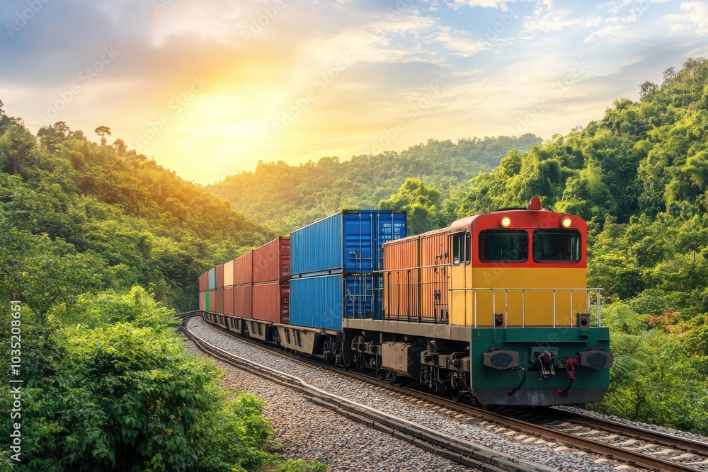 Freight train moving through a mountainous region, hauling containers, environmental logistics Freight train moving through a mountainous region, hauling containers, environmental logistics