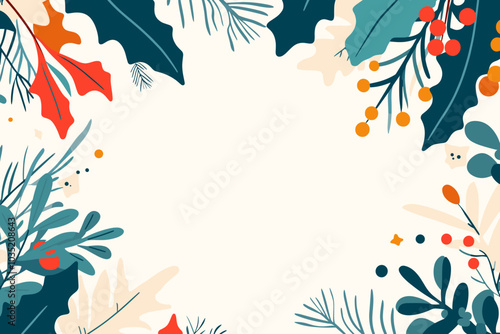 An illustration for a Christmas card features a variety of festive elements framing the edges leaving a spacious empty center area for personal messages or edits.