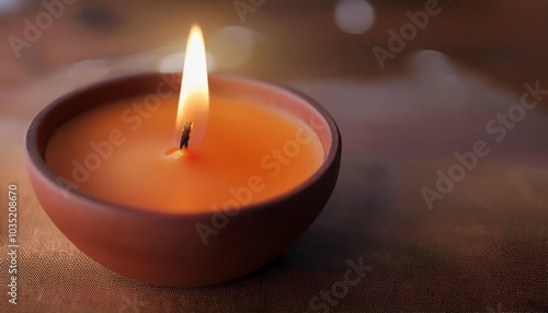 A warm, glowing candle flickers gently in a small clay bowl, creating a calming ambiance with its soft orange light.