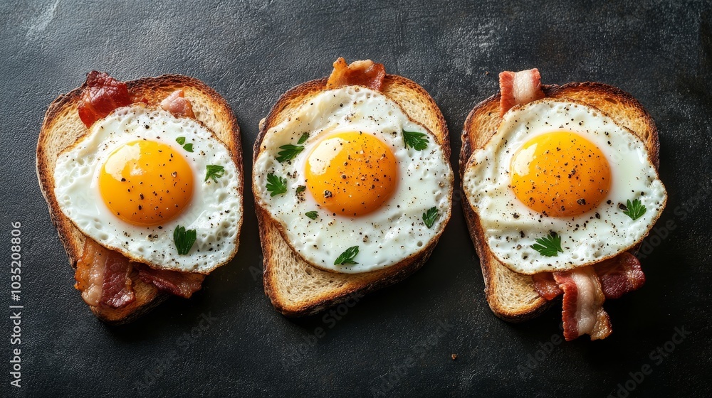 Three Savory Toasts Topped with Fried Eggs, Crispy Bacon, and Fresh Parsley on a Dark Background. Three Savory Toasts Topped with Fried Eggs, Crispy Bacon, and Fresh Parsley on a Dark Background.