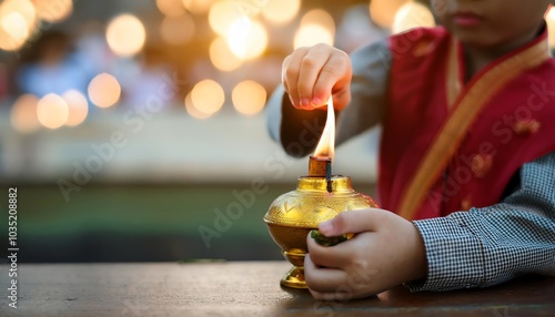 Description: A child lights an oil lamp, symbolizing joy and enlightenment, surrounded by softly glowing lights in the background.