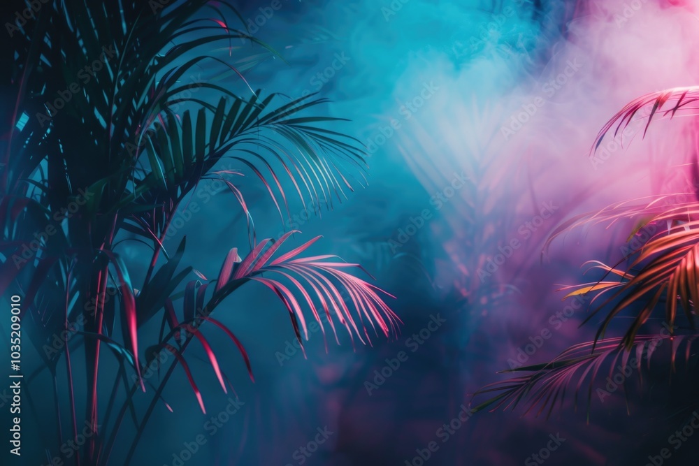 A group of palm trees lit up in a dark room, great for interior design or mystery scenes A group of palm trees lit up in a dark room, great for interior design or mystery scenes
