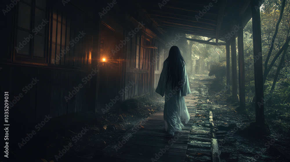 Standing silently at the entrance of an old, decaying tea house, a ...