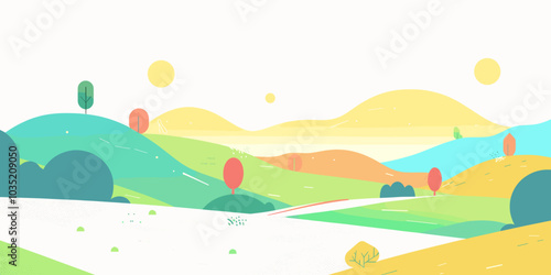 An illustration features a minimalistic landscape filled with vibrant colors, set against a clean white background, emphasizing the simplicity and beauty of nature.