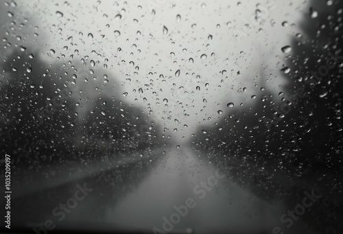 Close-Up View Of Raindrops On Car Windshield Creating Mesmerizing Patterns In Black And White