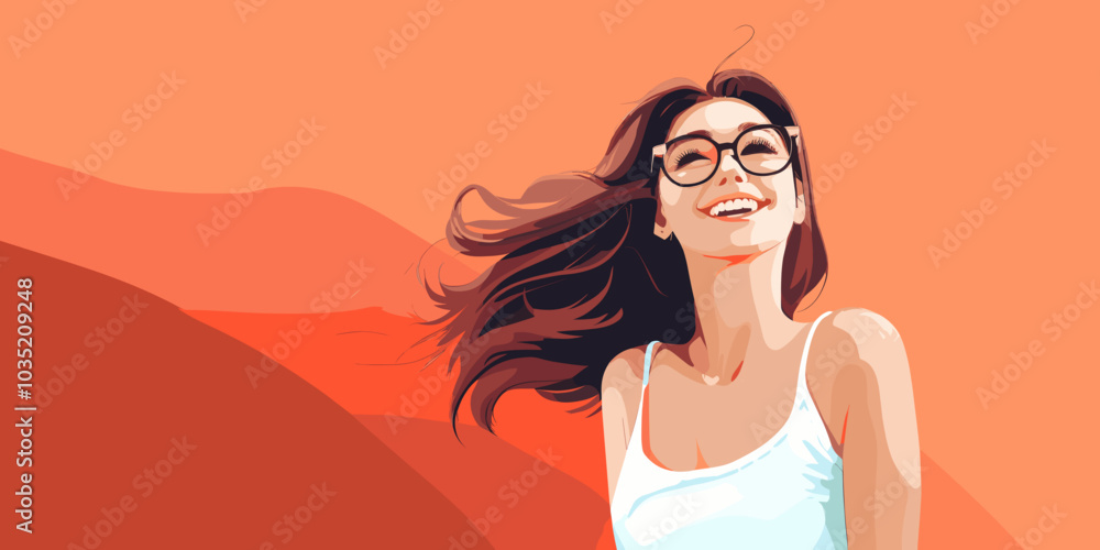 An illustration features a girl with long brown hair, smiling happily as a gentle breeze plays with her hair, capturing a moment of carefree joy and contentment. An illustration features a girl with long brown hair, smiling happily as a gentle breeze plays with her hair, capturing a moment of carefree joy and contentment.