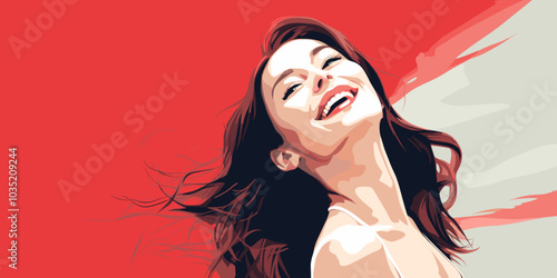An illustration captures a girl's face, smiling brightly and looking at someone with a joyful expression, radiating warmth and happiness.