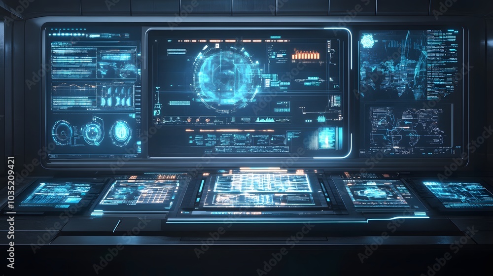 Obraz premium Digital control center with holographic touchscreens and glowing interface elements