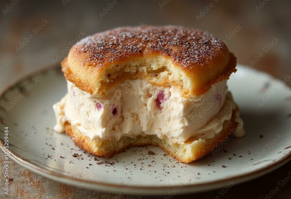 Neapolitan Ice Cream Sandwich With Bite Taken Out On Vintage Plate Highlighting Richness And Texture Neapolitan Ice Cream Sandwich With Bite Taken Out On Vintage Plate Highlighting Richness And Texture