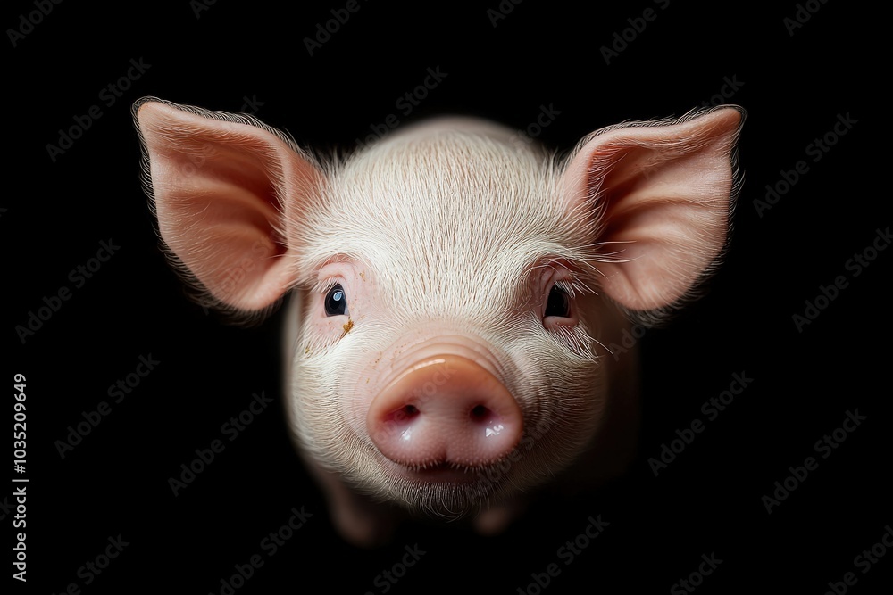 Fototapeta premium Pig Face. Cute and Happy Baby Pig Isolated on Black Background