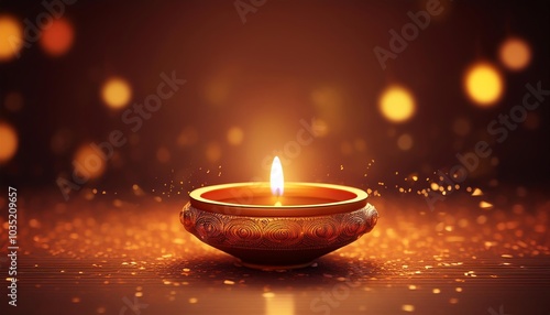 A glowing candle in a decorative holder, surrounded by warm lights and sparkling particles, creating a serene and inviting atmosphere.