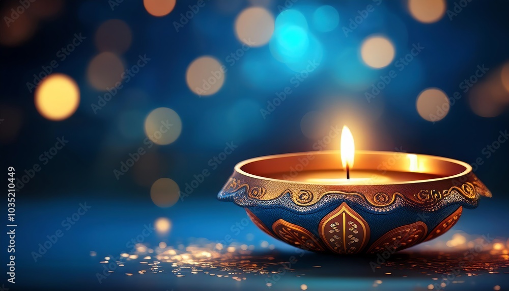 A beautifully decorated oil lamp emits a gentle flame against a vibrant blue background, creating a serene and festive atmosphere. A beautifully decorated oil lamp emits a gentle flame against a vibrant blue background, creating a serene and festive atmosphere.