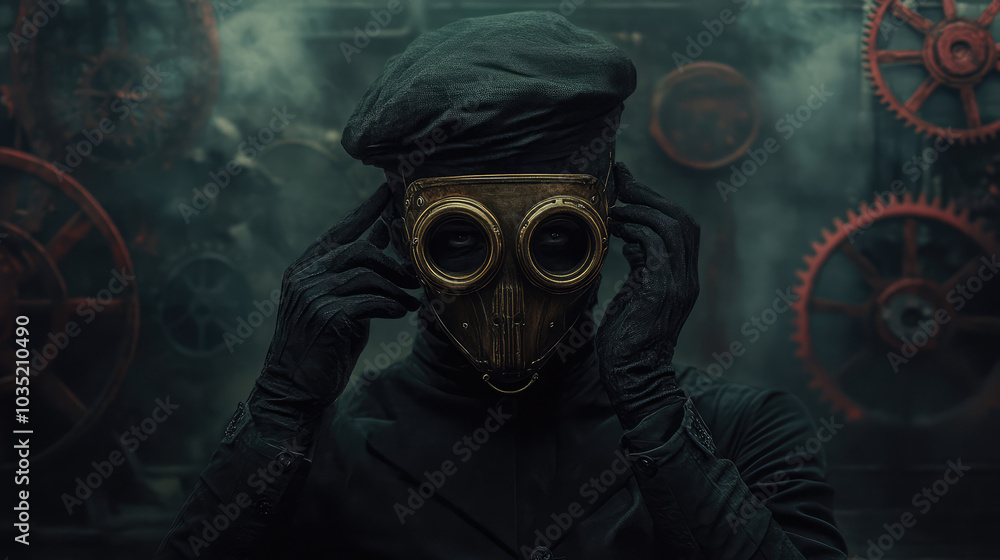 In the shadowy halls of a forgotten mechanical palace, a ghostly figure in Victorian steampunk attire, adorned with a brass mask and mechanical limbs, drifts silently through the gloom. In the shadowy halls of a forgotten mechanical palace, a ghostly figure in Victorian steampunk attire, adorned with a brass mask and mechanical limbs, drifts silently through the gloom.