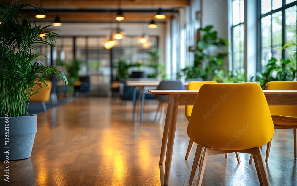 Fototapeta premium Contemporary open office layout showcasing an interior without people, highlighted by blurred bokeh lighting, tables, chairs, and ecofriendly design elements