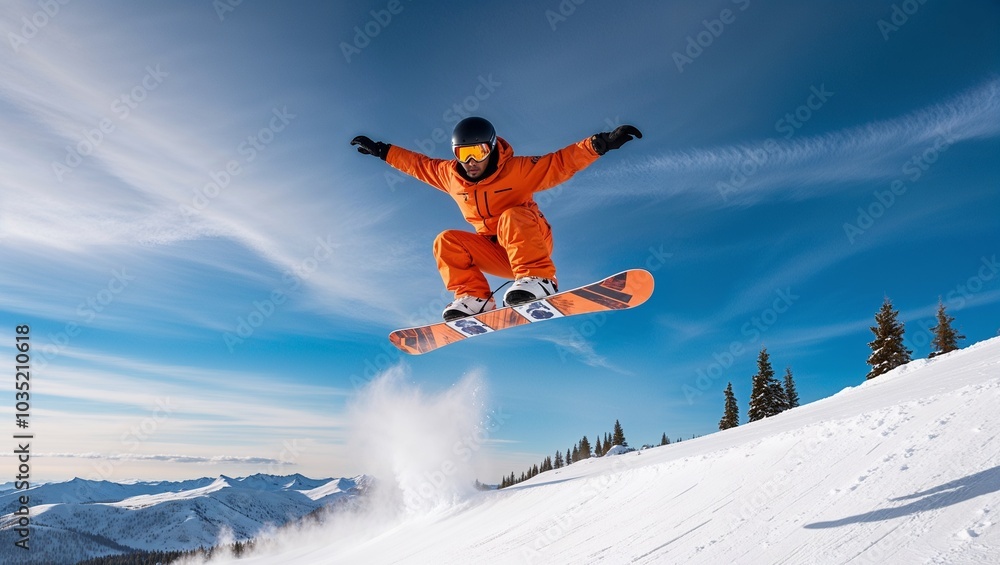 Snowboarder performing a jump in bright orange gear against a backdrop of blue sky and snowy mountains Snowboarder performing a jump in bright orange gear against a backdrop of blue sky and snowy mountains