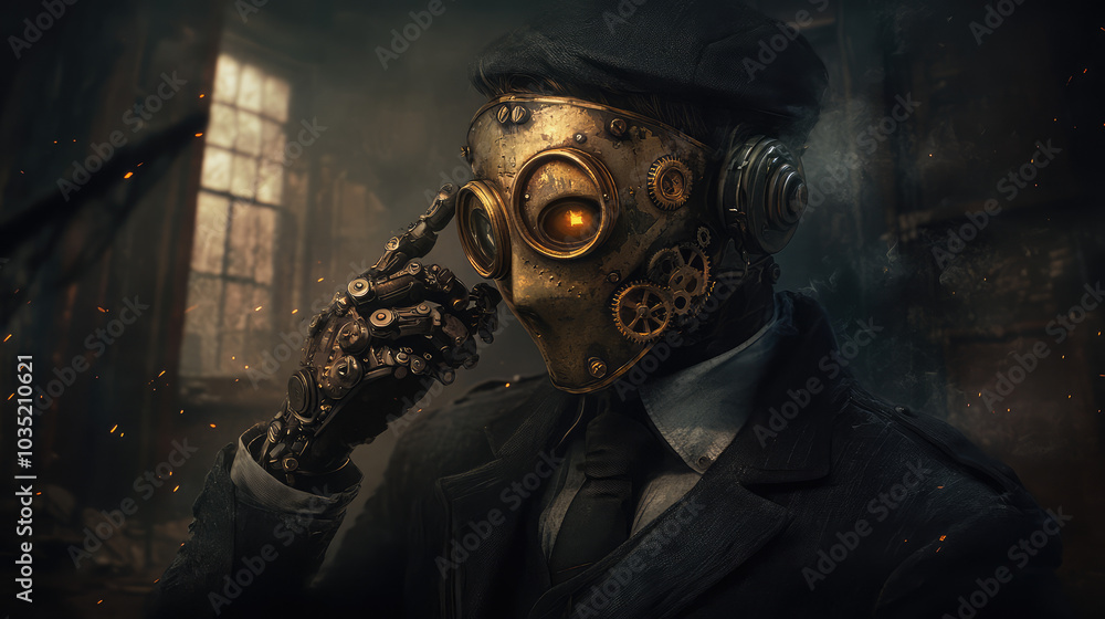 A ghostly figure in Victorian steampunk attire, with a brass mask and ...