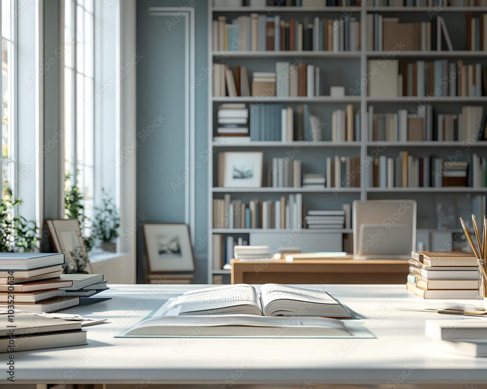 Cropped image of a white table with assorted books and stationery, showcasing copy space, complemented by a blurred study room background for an elegant effect Cropped image of a white table with assorted books and stationery, showcasing copy space, complemented by a blurred study room background for an elegant effect