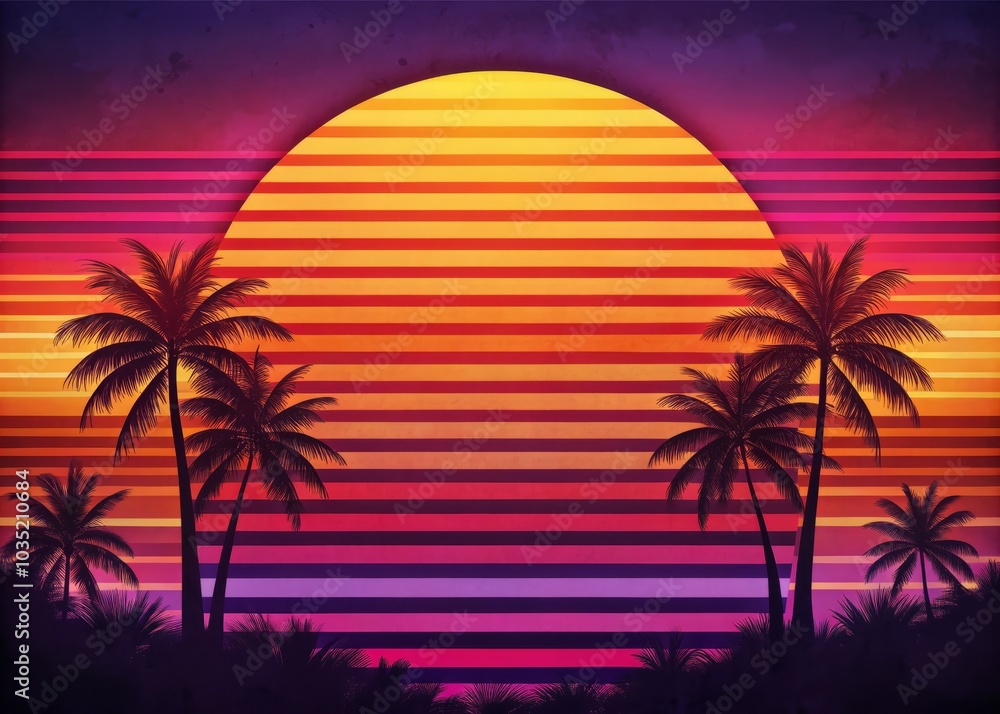 Obraz premium Embrace the nostalgia of retro striped sunset designs featuring warm hues, ideal for home decor, fashion, and art prints, captivating retro lovers and aesthetic fans.
