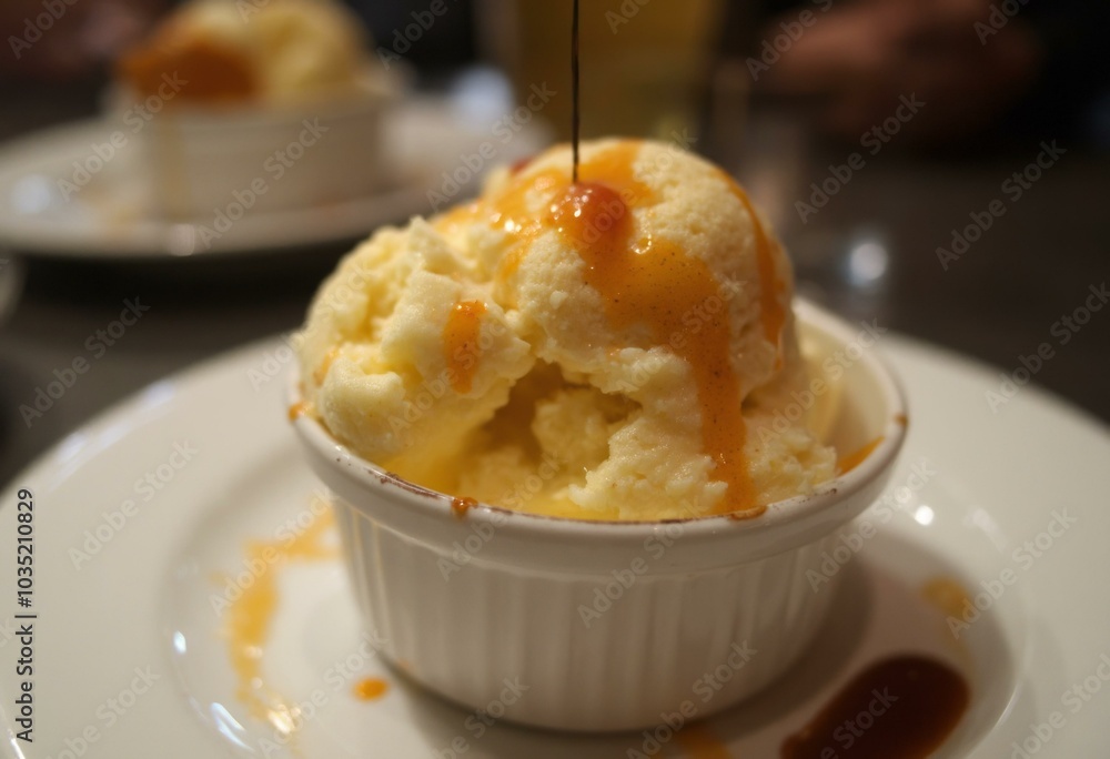Savory Cheese Ice Cream Topped With Balsamic Drizzle In A Ramekin Savory Cheese Ice Cream Topped With Balsamic Drizzle In A Ramekin