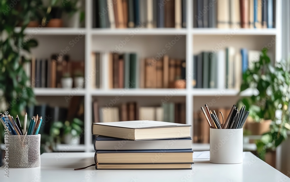 Cropped shot of a white table with neatly arranged books and stationery, featuring clear copy space, set against a blurred study room backdrop for a peaceful setting Cropped shot of a white table with neatly arranged books and stationery, featuring clear copy space, set against a blurred study room backdrop for a peaceful setting