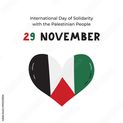 Poster for International Day of Solidarity with the Palestinian People with lettering and cartoon clipart of Gaza flag in the shape of heart. Banner design for 29 November for support Palestine