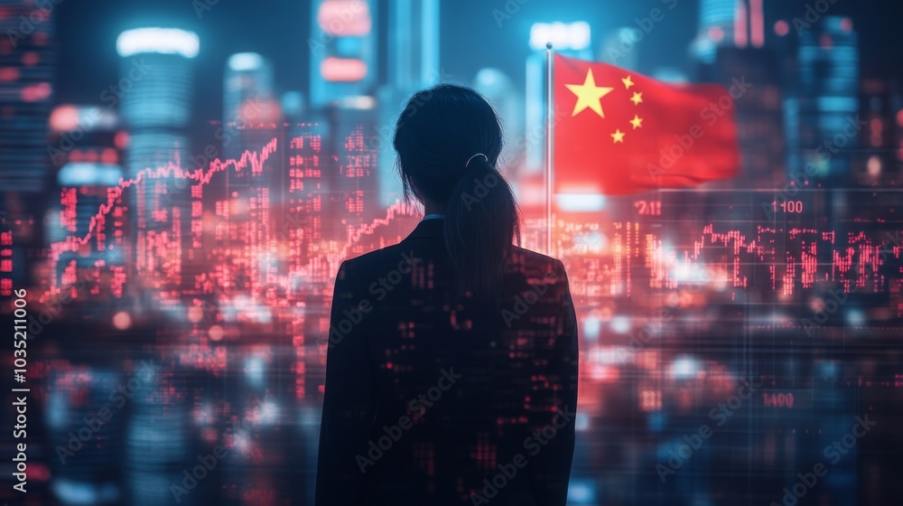 A businessperson standing in front of a digital trading platform, economic growth, stock market chart, china finance and economy. A businessperson standing in front of a digital trading platform, economic growth, stock market chart, china finance and economy.