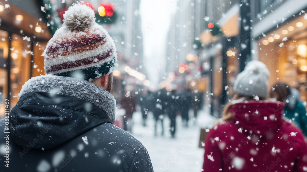 Shoppers enjoying a light snowfall as they browse decorated storefronts, cozy attire, SHOTLISTseason, street shopping, holiday vibes, serenity, winter Shoppers enjoying a light snowfall as they browse decorated storefronts, cozy attire, SHOTLISTseason, street shopping, holiday vibes, serenity, winter