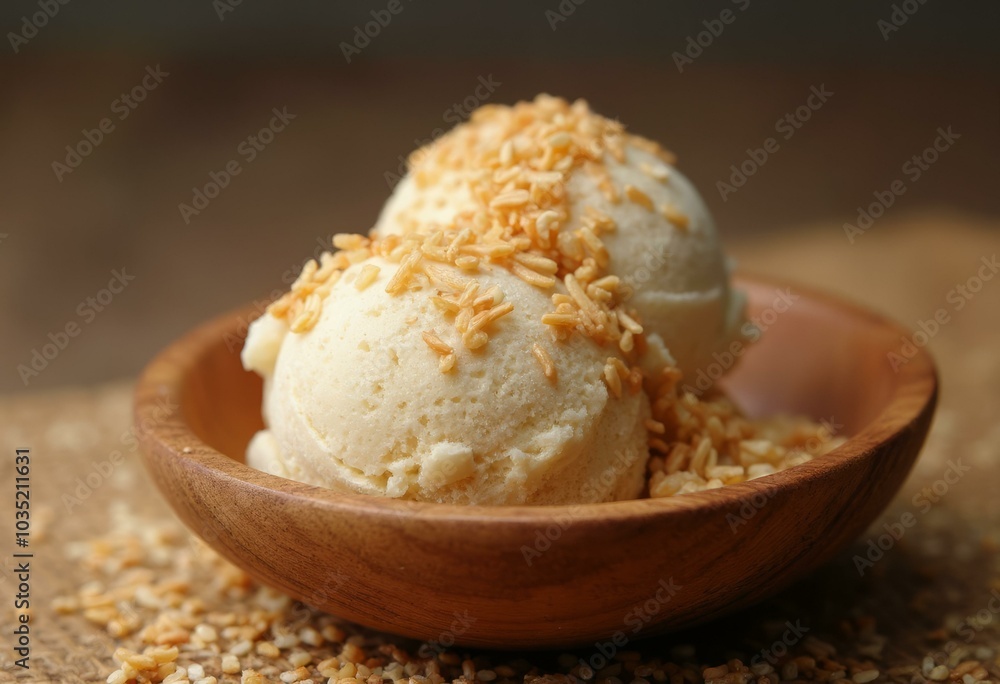 Toasted Rice Ice Cream With Puffed Rice Topping In A Wooden Bowl Toasted Rice Ice Cream With Puffed Rice Topping In A Wooden Bowl