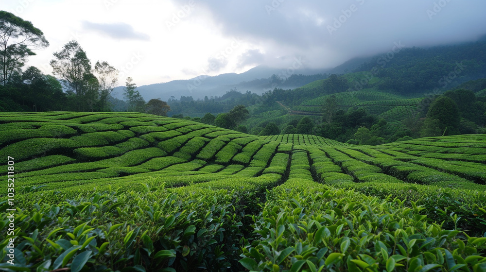 Green tea fields against a beautiful backdrop of nature, with large and small lines neatly placed on it, the whole scene creates a bright and peaceful atmosphere. beautiful background. Green tea fields against a beautiful backdrop of nature, with large and small lines neatly placed on it, the whole scene creates a bright and peaceful atmosphere. beautiful background.