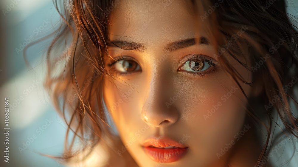 Portrait of a woman with expressive eyes and tousled hair. Portrait of a woman with expressive eyes and tousled hair.
