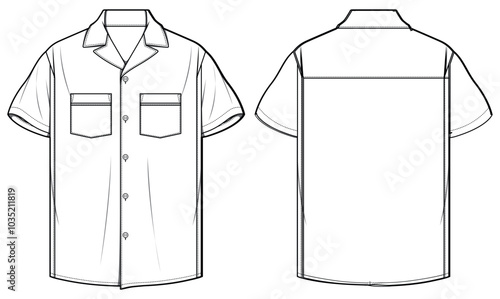 Men's short sleeve Bowling shirt flat sketch illustration with front and back view, Cuban collar mens  hawaiian resort aloha shirt for safari casual wear fashion illustration template mock up