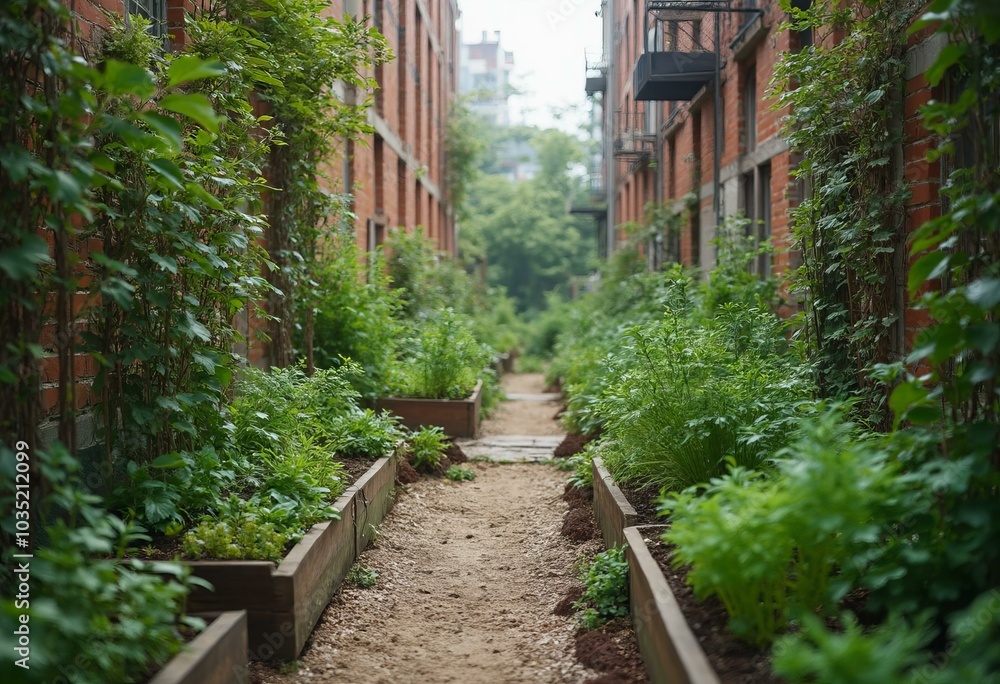Urban Farm Squeezed Between Apartment Buildings With Irregular Plant Beds Urban Farm Squeezed Between Apartment Buildings With Irregular Plant Beds