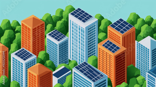 Green City with Solar Panels on Top of Buildings