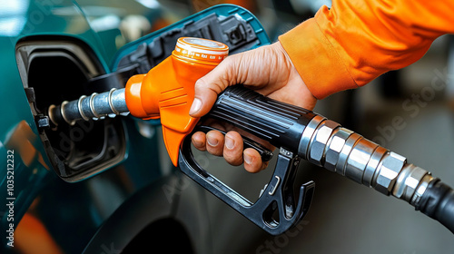 Fuel nozzle, gloved hand, refueling, car, gasoline