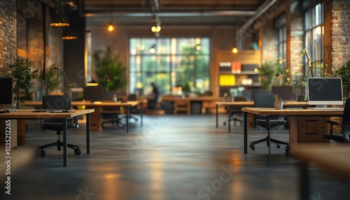 Stylish open space business office interior, empty of people, with blurred bokeh lighting, featuring tables, chairs, computers, and a focus on green office concepts