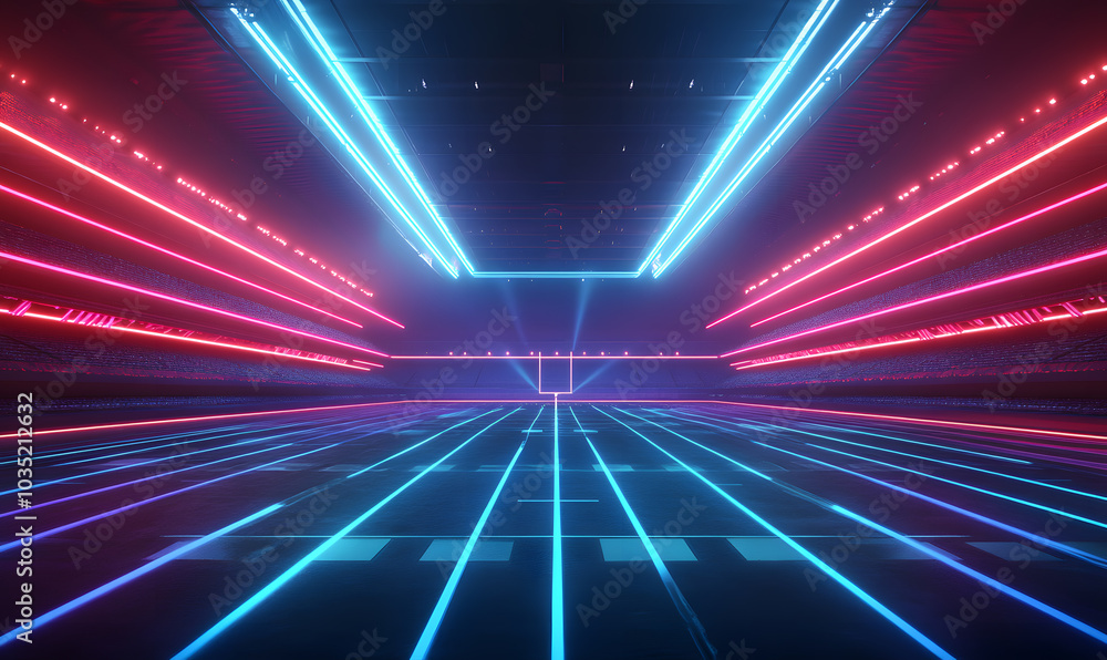 Fototapeta premium Dynamic Neon Football Action with Futuristic Geometric Patterns and Vibrant Light Trails for High-Energy Sports Advertising Backgrounds