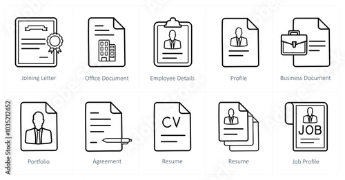A set of 10 Human Resources icons as joining letter, office document, employee details